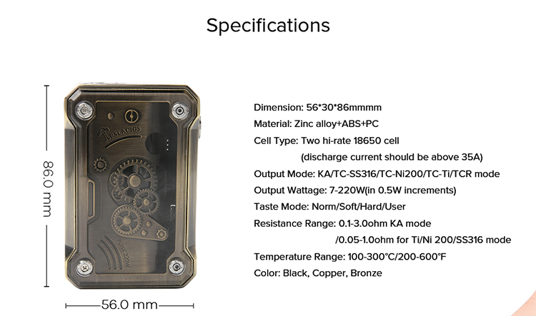 Teslacigs Punk 220W Box Mod, Parameter
