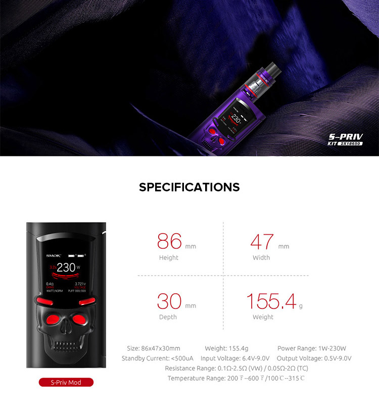 SMOK S-Priv 230W TC Kit, Paremeter