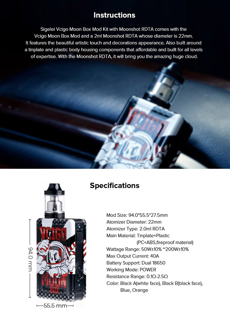 Sigelei Vcigo Moon Box Mod Kit, Parameter