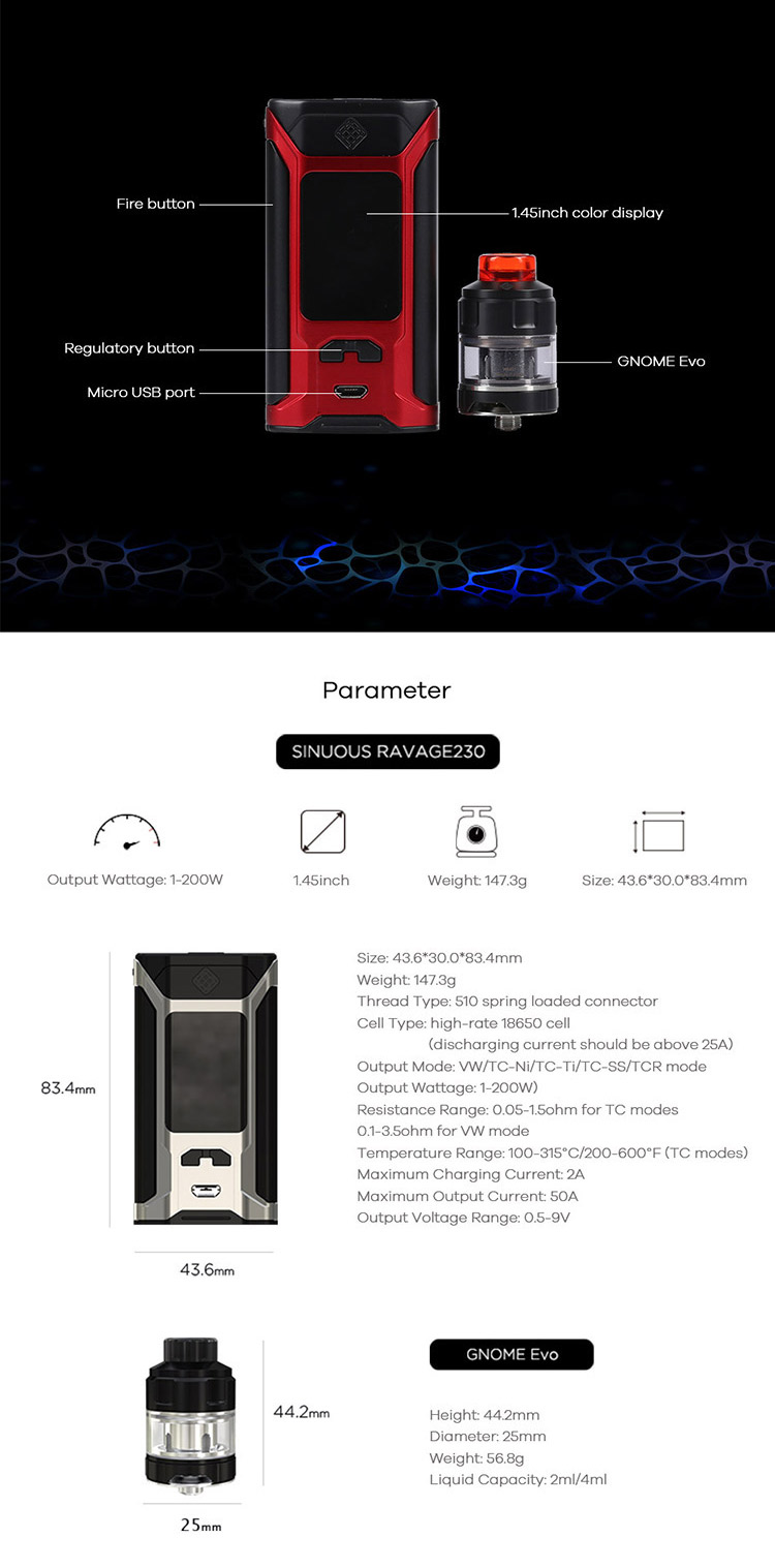 Wismec Sinuous Ravage230 Kit Parameter Wismec Sinuous Ravage230 Kit Parameter