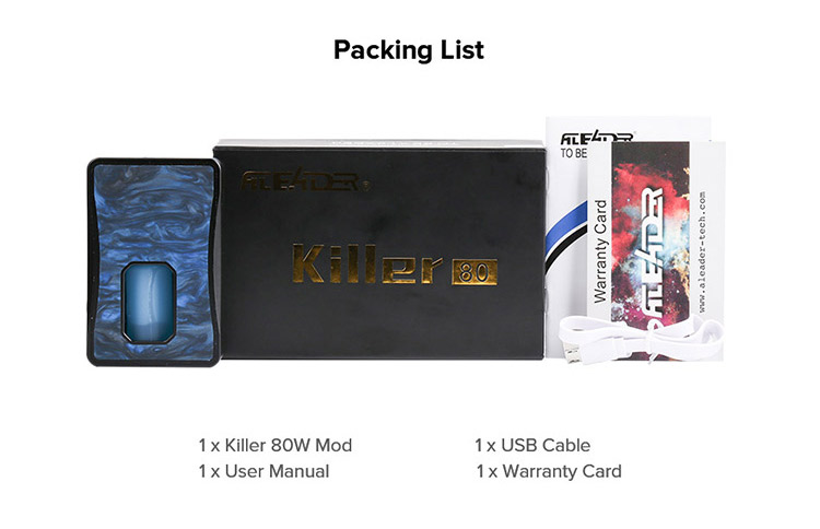 Aleader Killer 80W Squonk Mod Packing List Aleader Killer 80W Squonk Mod Packing List