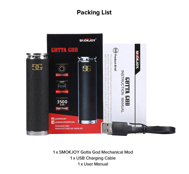 SMOKJOY Gotta God Mech Mod Packing List
