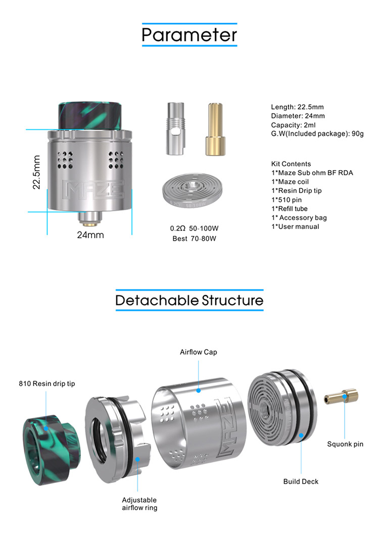 Vandy Vape MAZE SUB OHM BF 24 RDA Parameter