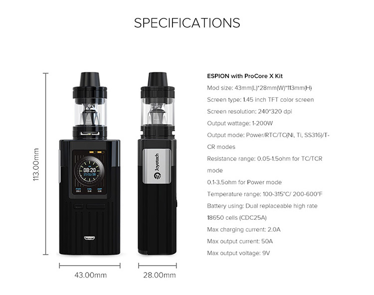 Joyetech Espion 200W TC Kit Parameter