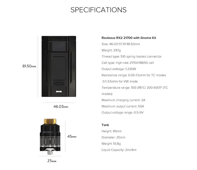 Wismec Reuleaux RX2 21700 230W Kit Parameter
