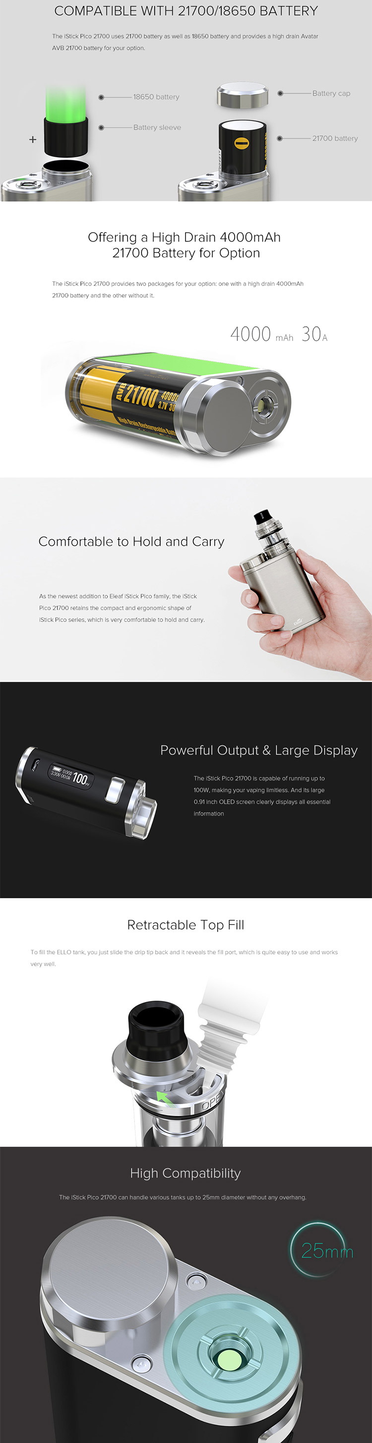 Eleaf iStick Pico 21700 100W Kit Feature Eleaf iStick Pico 21700 100W Kit Feature
