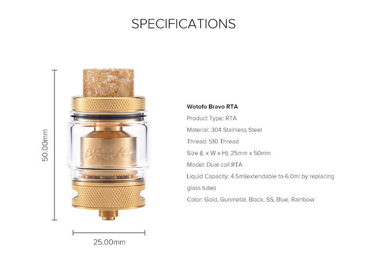 Wotofo Bravo 25 RTA Tank Parameter Wotofo Bravo 25 RTA Tank Parameter