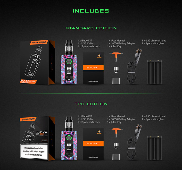 GeekVape Blade 235W TC Kit with Aero Tank Packing List GeekVape Blade 235W TC Kit with Aero Tank Packing List