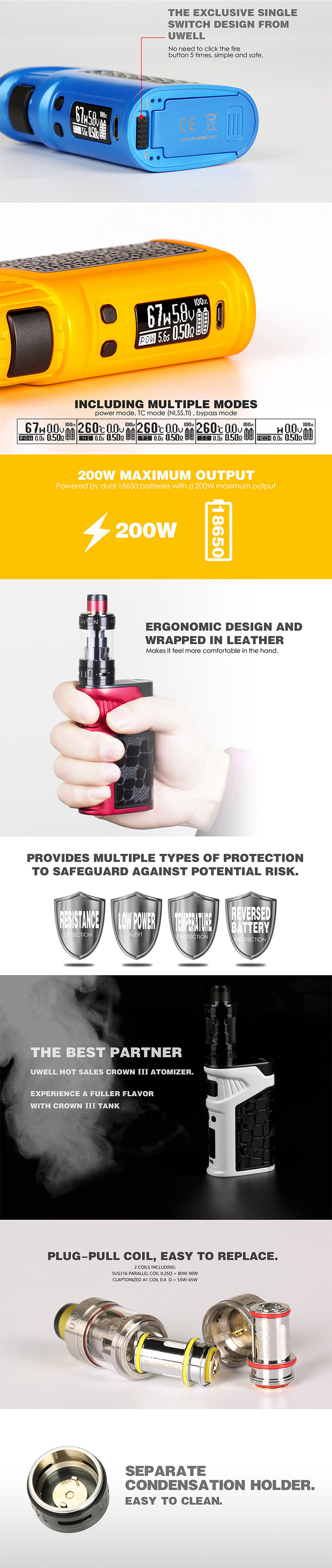 Uwell Ironfist 200W TC Box Kit with Crown 3 Feature Uwell Ironfist 200W TC Box Kit with Crown 3 Feature