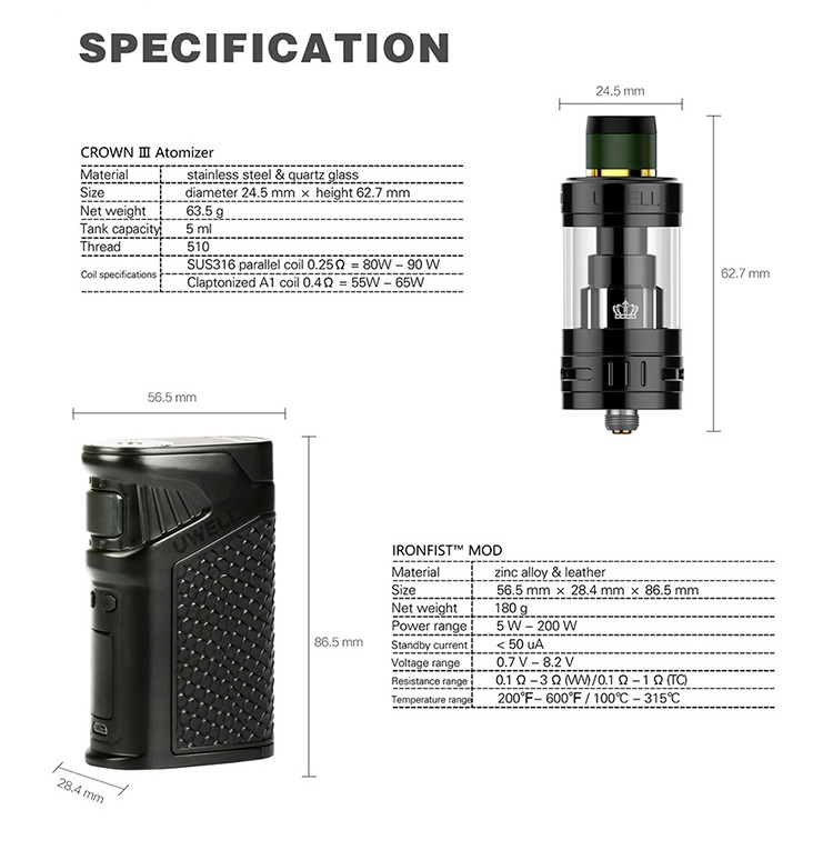 Uwell Ironfist 200W TC Box Kit with Crown 3 Parameter Uwell Ironfist 200W TC Box Kit with Crown 3 Parameter