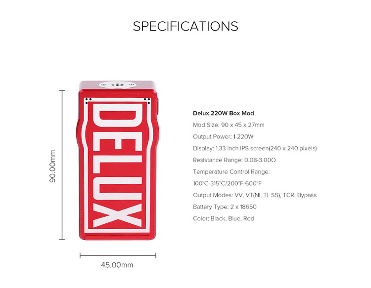 Hugo Vapor Delux 220W TC Box Mod Color Parameter Hugo Vapor Delux 220W TC Box Mod Color Parameter