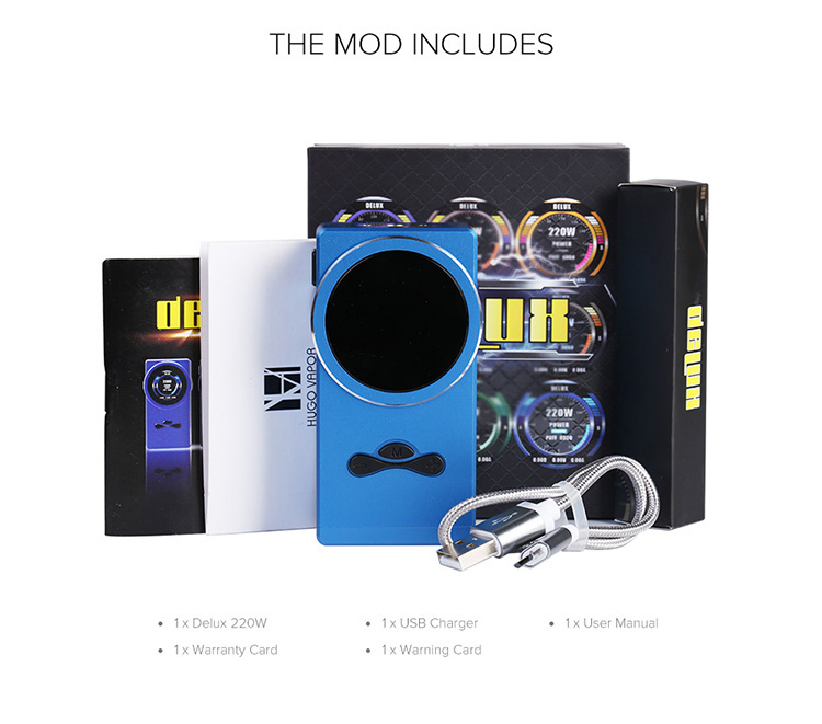 Hugo Vapor Delux 220W TC Box Mod Color Packing List Hugo Vapor Delux 220W TC Box Mod Color Packing List