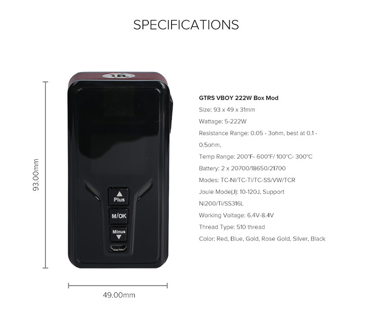 GTRS VBOY 222W 21700 Box Mod Parameter GTRS VBOY 222W 21700 Box Mod Parameter