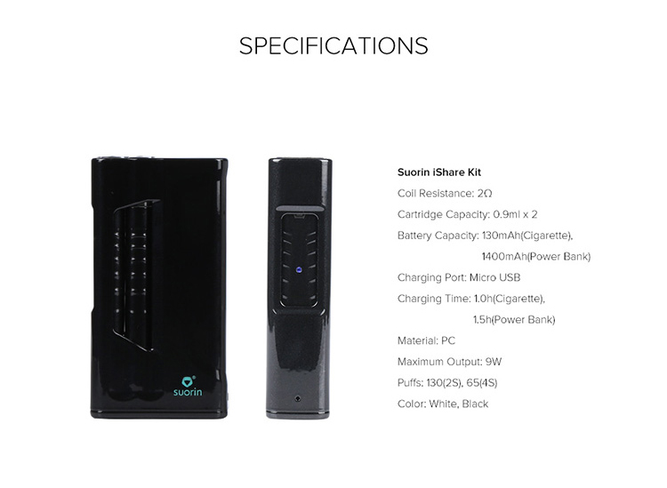 Suorin iShare Ultra Portable Full Kit with the Power Bank Parameter