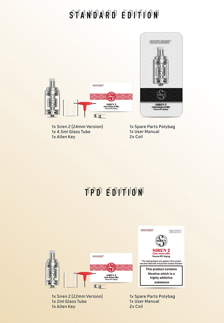 Digiflavor Siren 2 GTA MTL Tank Packing List