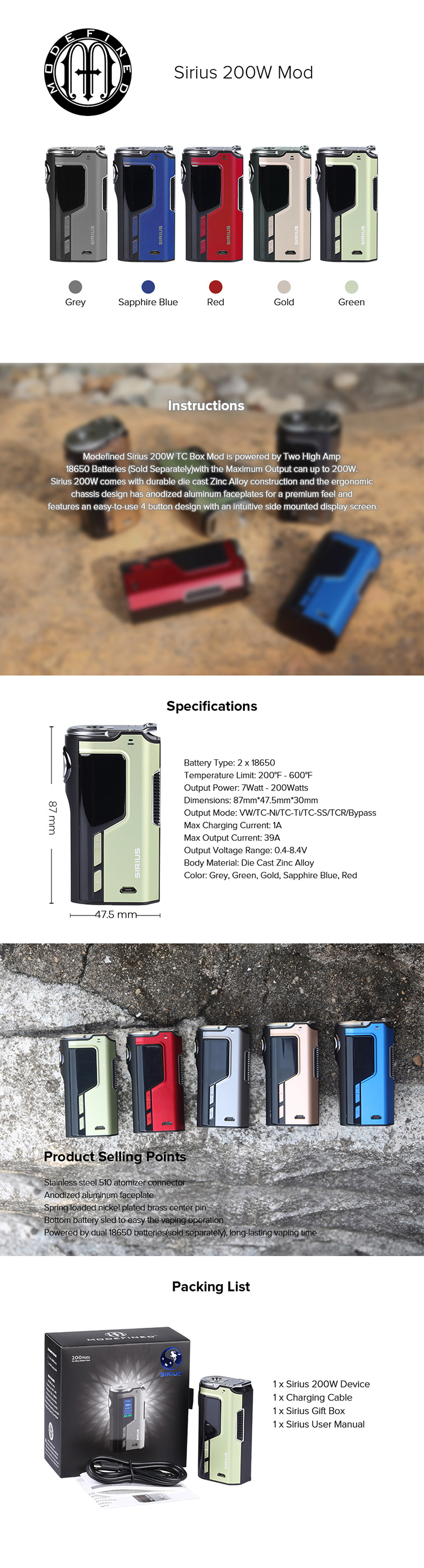 Modefined Sirius 200W TC Box Mod Modefined Sirius 200W TC Box Mod