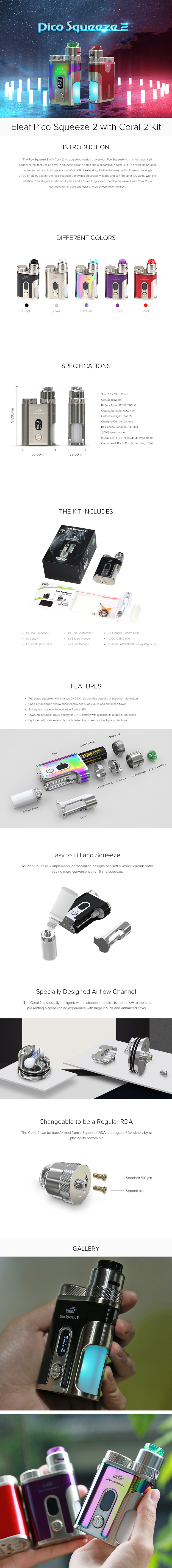 Eleaf Pico Squeeze 2 Squonk Kit with Coral 2 RDA Eleaf Pico Squeeze 2 Squonk Kit with Coral 2 RDA