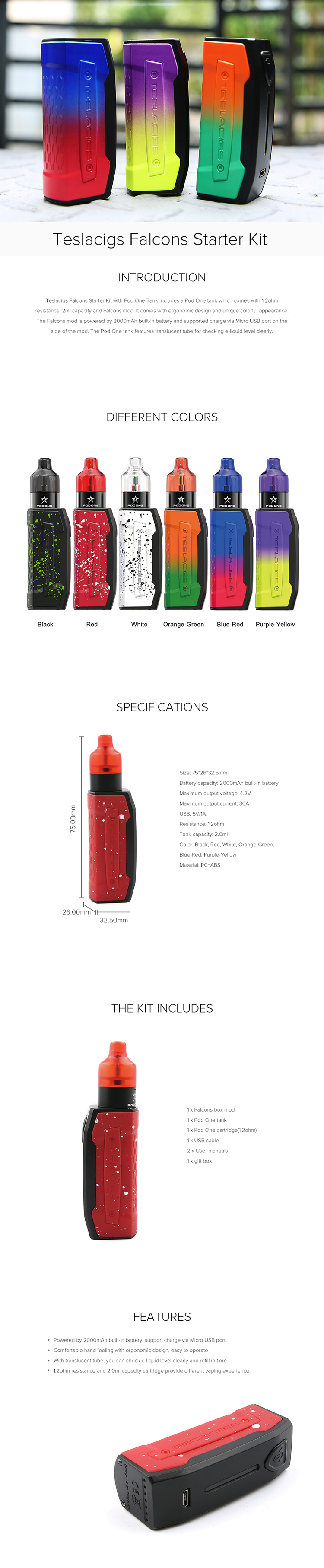 Teslacigs Falcons Starter Kit with Pod One Tank Teslacigs Falcons Starter Kit with Pod One Tank