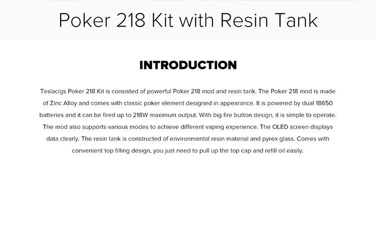 Teslacigs Poker 218 Kit with Resin Tank Teslacigs Poker 218 Kit with Resin Tank